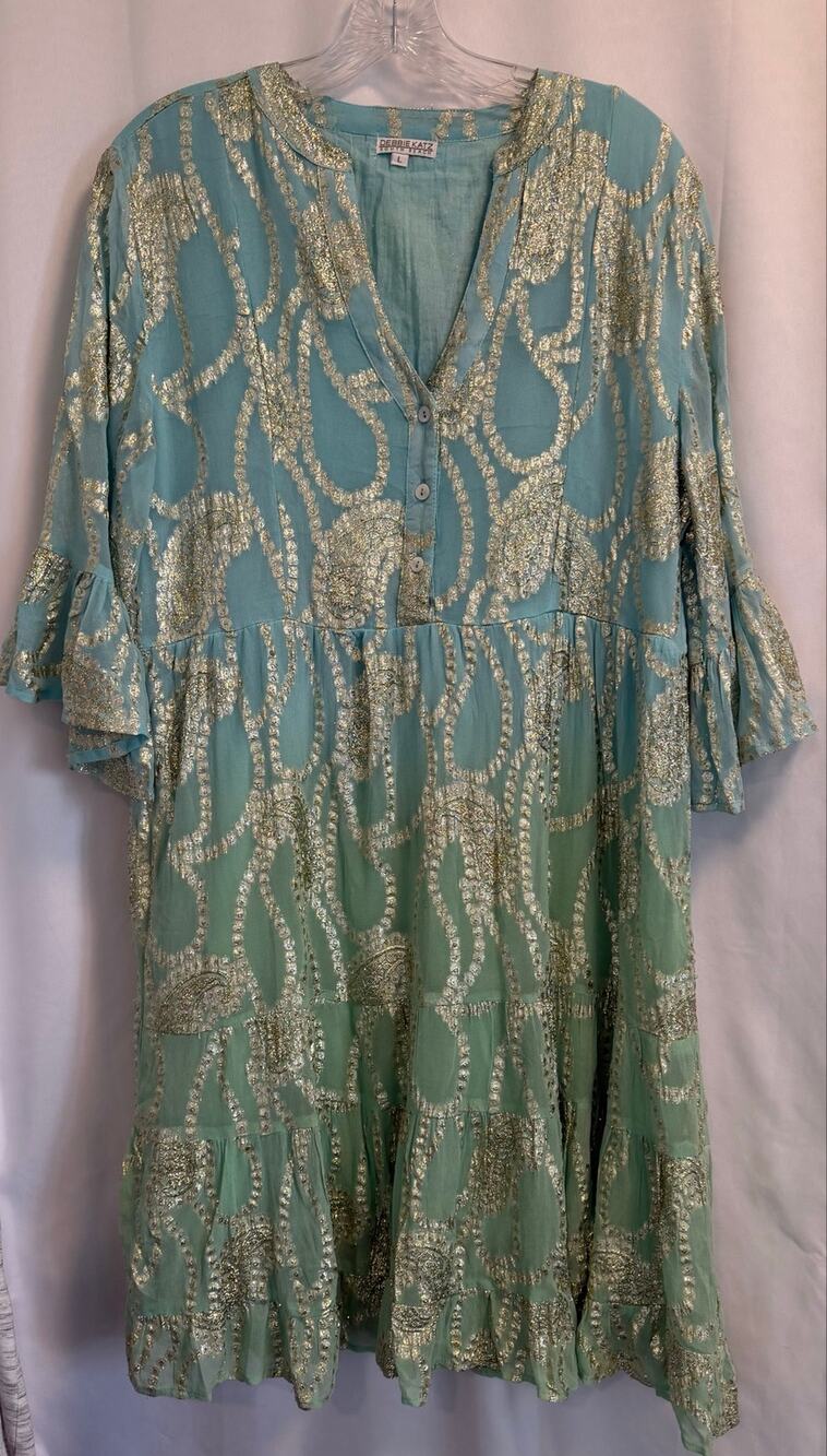 Debbie Katz Turquoise Babydoll Swing Dress Gold Waves L